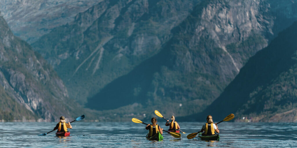 Four people in single kayaks on the fjord seen from the back.